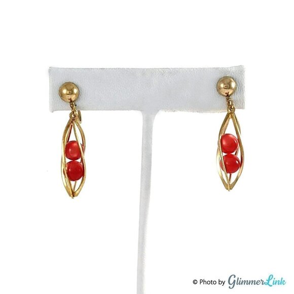 Vintage Twisted Caged Red Beads Screw Back Drop Earrings - Picture 1 of 7